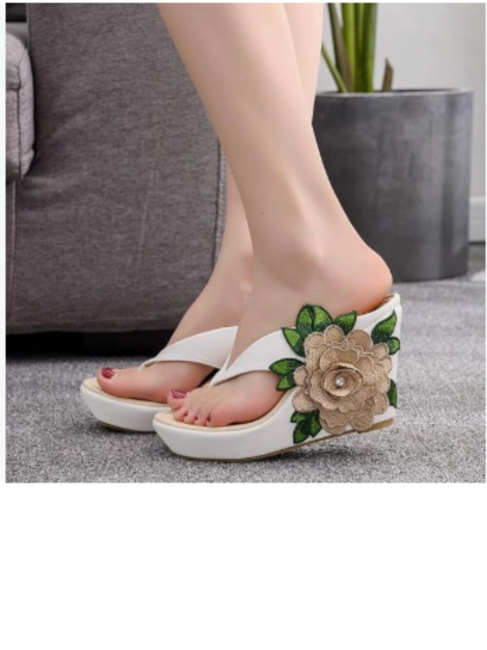 FSJ White Flowers Thong Flip Flops Rhinestone Pearl Low Platform Weave Sandals